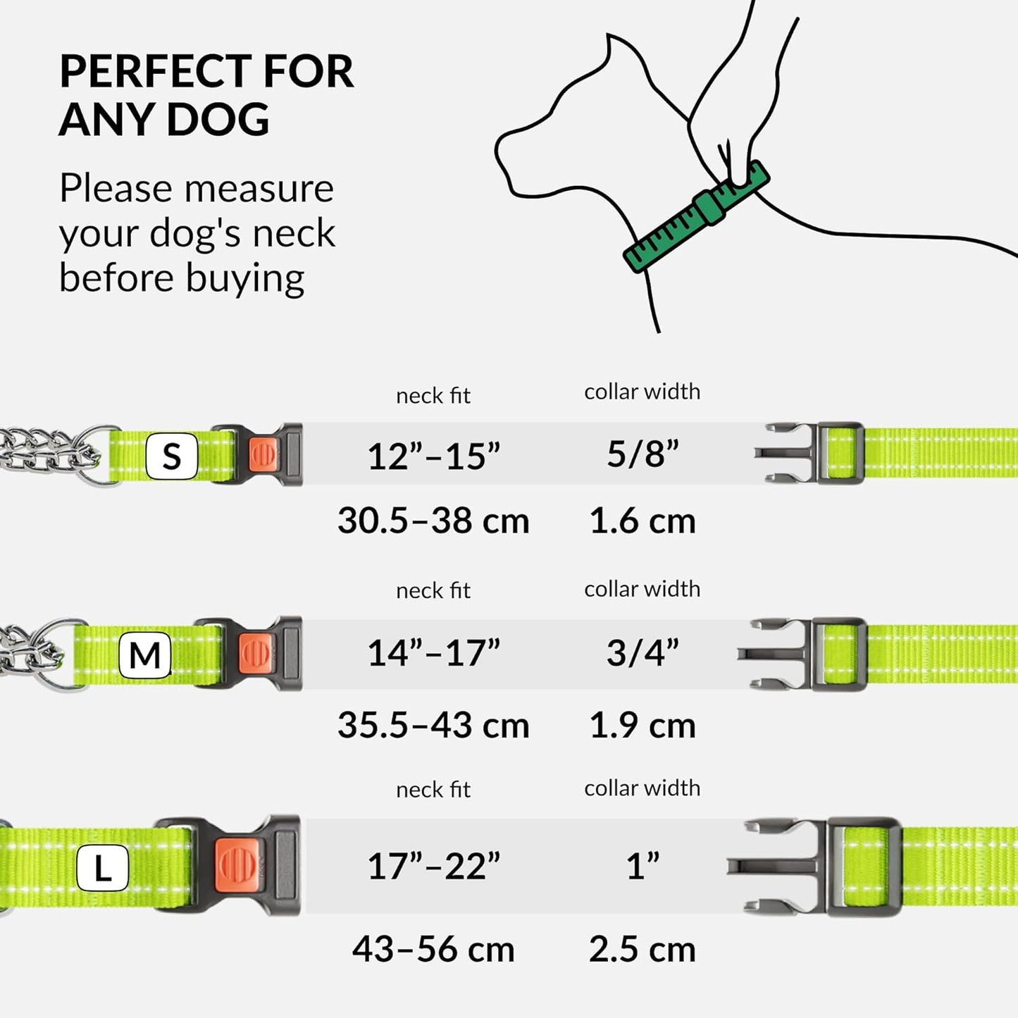 CollarDirect Martingale Dog Collar with Stainless Steel Chain and Quick Release Buckle - Reflective Collar for Large, Medium, Small Dogs - Lime Green, Medium (Neck Size 14"-17")