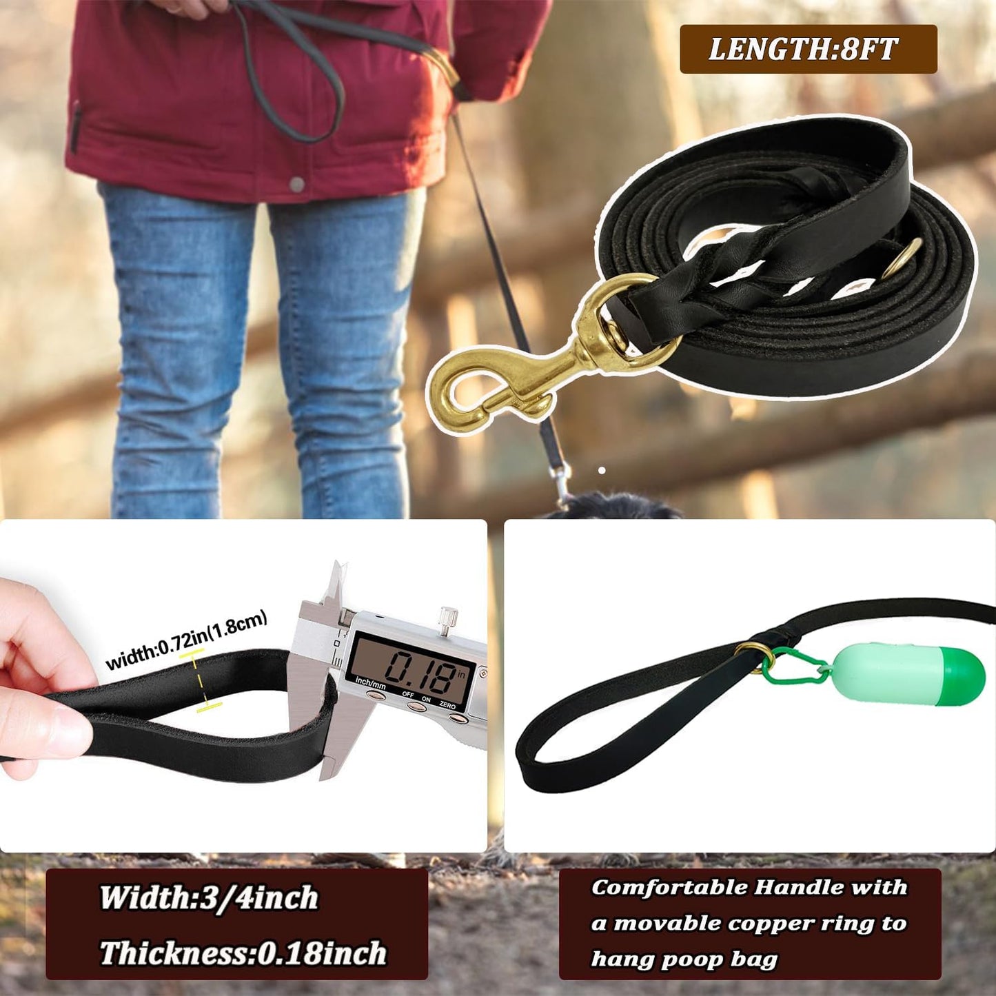 LWBMG Black Leather Dog Leash 8ft, Heavy Duty, Strong and Sturdy Braided, Soft and Comfortable for Medium Large Dogs Training and Walking