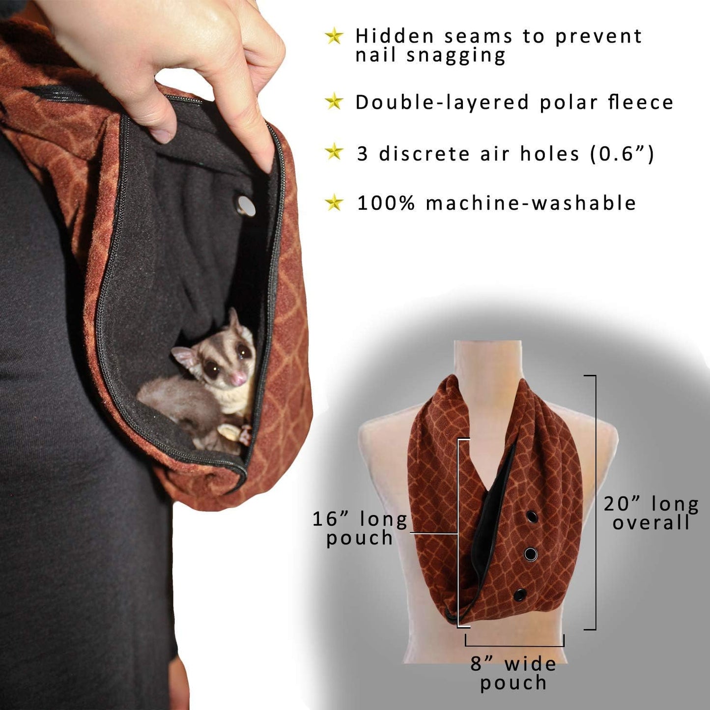 Pet Bonding Scarf - Carry Bonding Pouch - for Chinchillas, Hedgehogs, Rats, Sugar Gliders, Guinea Pigs, Rabbits, Hamsters, Gerbils, Squirrels, Ferrets, Kittens, Parrots, Birds, Reptiles (Black)