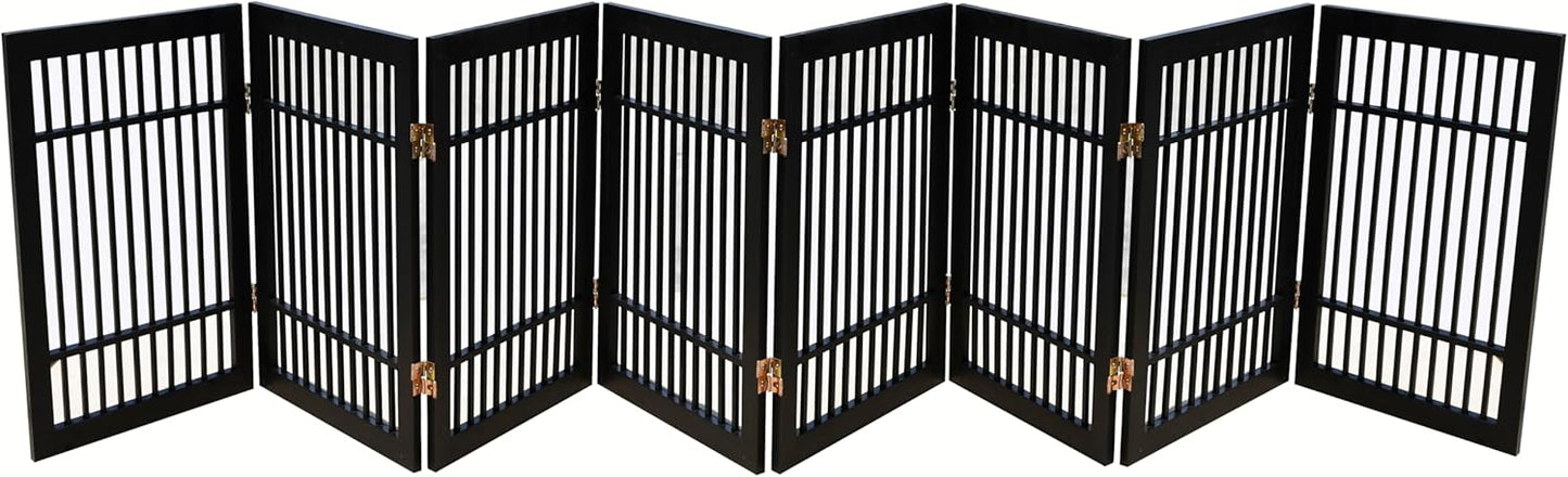 Pet Dog Gate Strong and Durable Freestanding Folding Acacia Hardwood Portable Wooden Fence Indoors or Outdoors by Urnporium (Black Pet Gate, 8 Panel 24" Tall)
