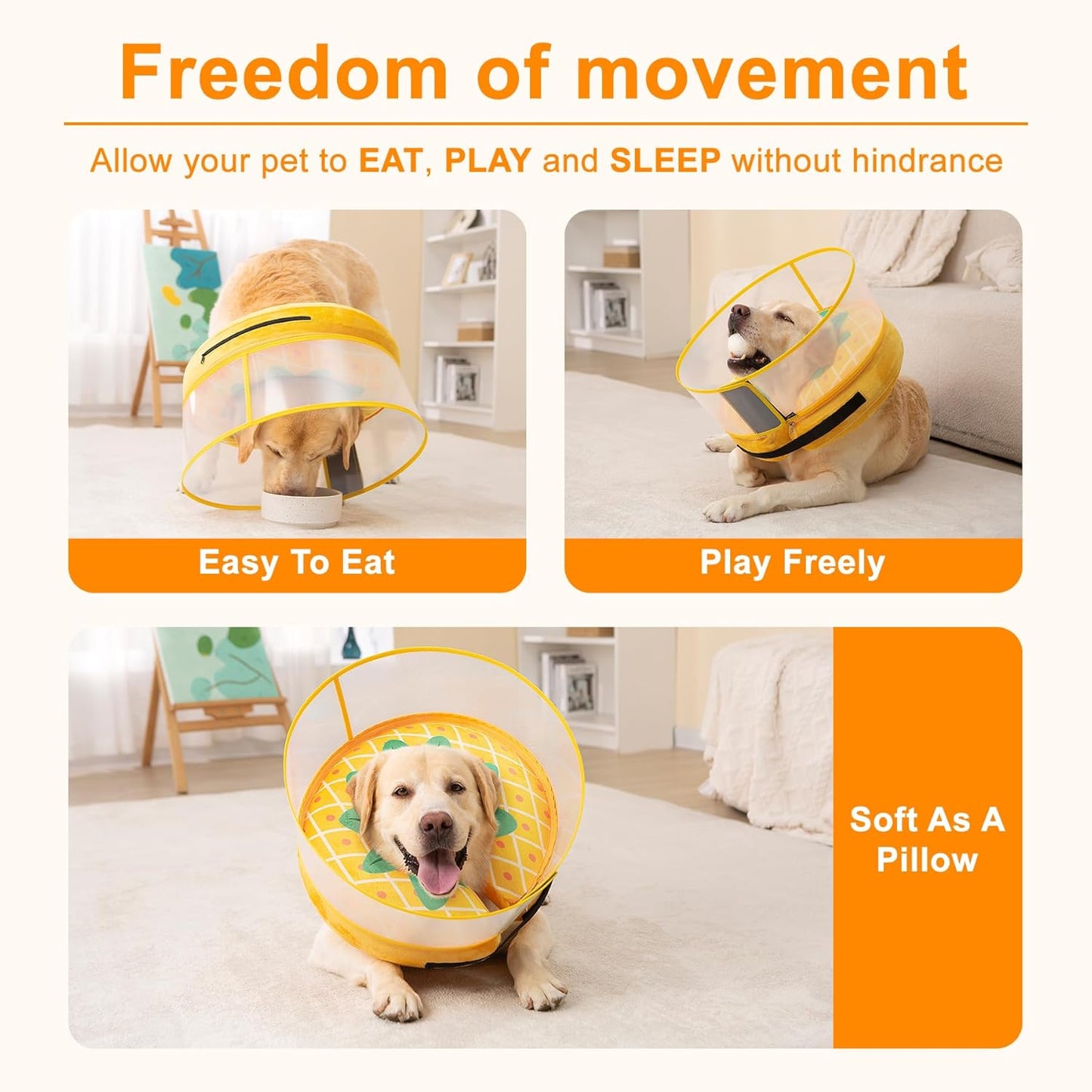 Inflatable Dog Cone Collar for Large Medium Small Dogs, Soft Dog Donut Collar Adjustable Recovery Cone for Pets After Surgery, Extra Enhanced Anti-Licking Guard Shield (Pineapple, Medium Plus)
