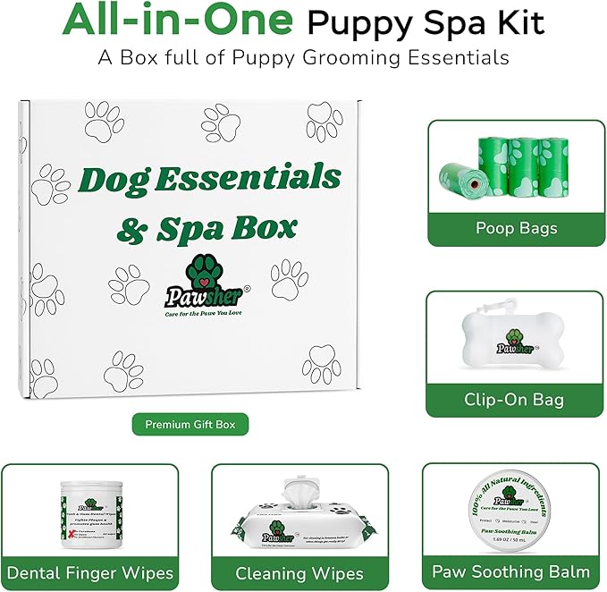 Dog Essentials Starter Kit - New Puppy Kit with Pet Wipes, Paw Balm, Dental Teeth Cleaning Wipes and Poop Bags Set - Complete Dog Kit for Travel, Camping & Gift Set