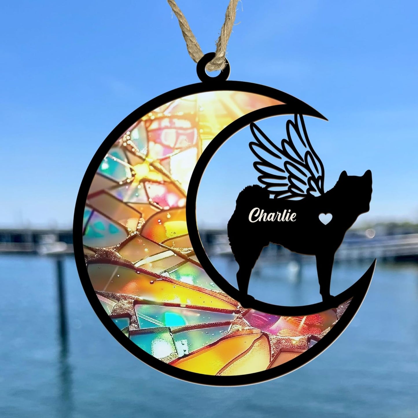 Personalized Pet Memorial Suncatcher – Angel Wing Crescent Moon Ornament with Name – Rainbow Stained Glass Effect Sun Catcher for Dog, Cat, Ferret & More – Custom Pet Loss Tribute for Window or Tree