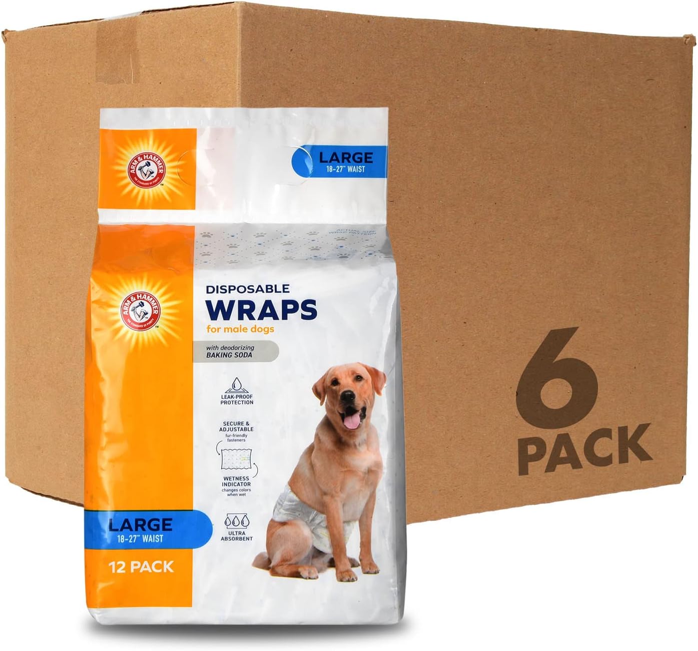 Arm & Hammer for Pets Male Dog Wraps, Size Large, Ultra-Absorbent, Adjustable Male Dog Diapers with Leak-Proof Protection and Wetness Indicator for Large Dogs (Pack of 6, 72 Count Total)