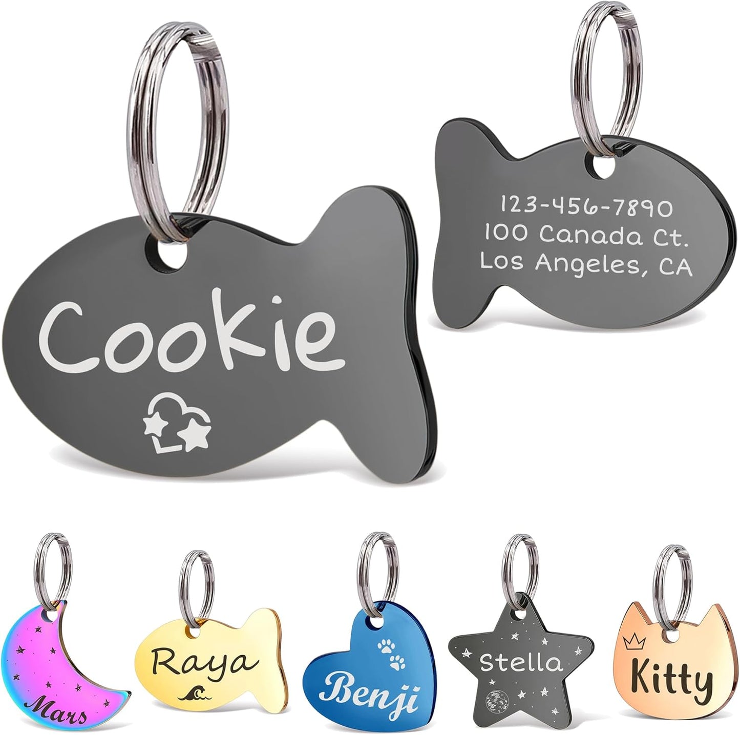 Anavia Small Size Dog Cat ID Tags, Small/XS Personalized Color Plated Stainless Steel Puppy Kitten Name Tags, Customized Engraved Nameplate Pet Collar Tag (Black, Fish)