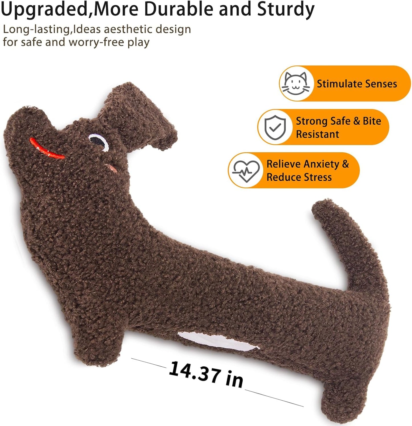 Cat Toy, Refillable Catnip Durable Kitty Kicker Toy, Puppy Shape, Plush and Crinkle Kitten Chew Toy for Kicking, Tossing, and Teeth Cleaning, Brown