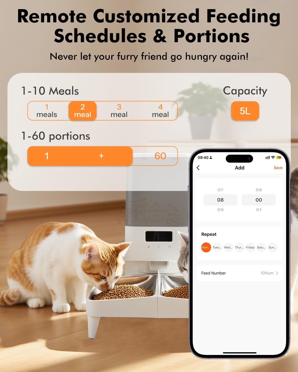 Automatic Cat Feeder for 2 Cats, 20Cups/5L Cat Food Dispenser Automatic, 2.4G WiFi Pet Feeder with Timed APP Control, Stainless Steel Bowls, 1-10 Meals/Day, Dual Power& Detachable for Easy Clean