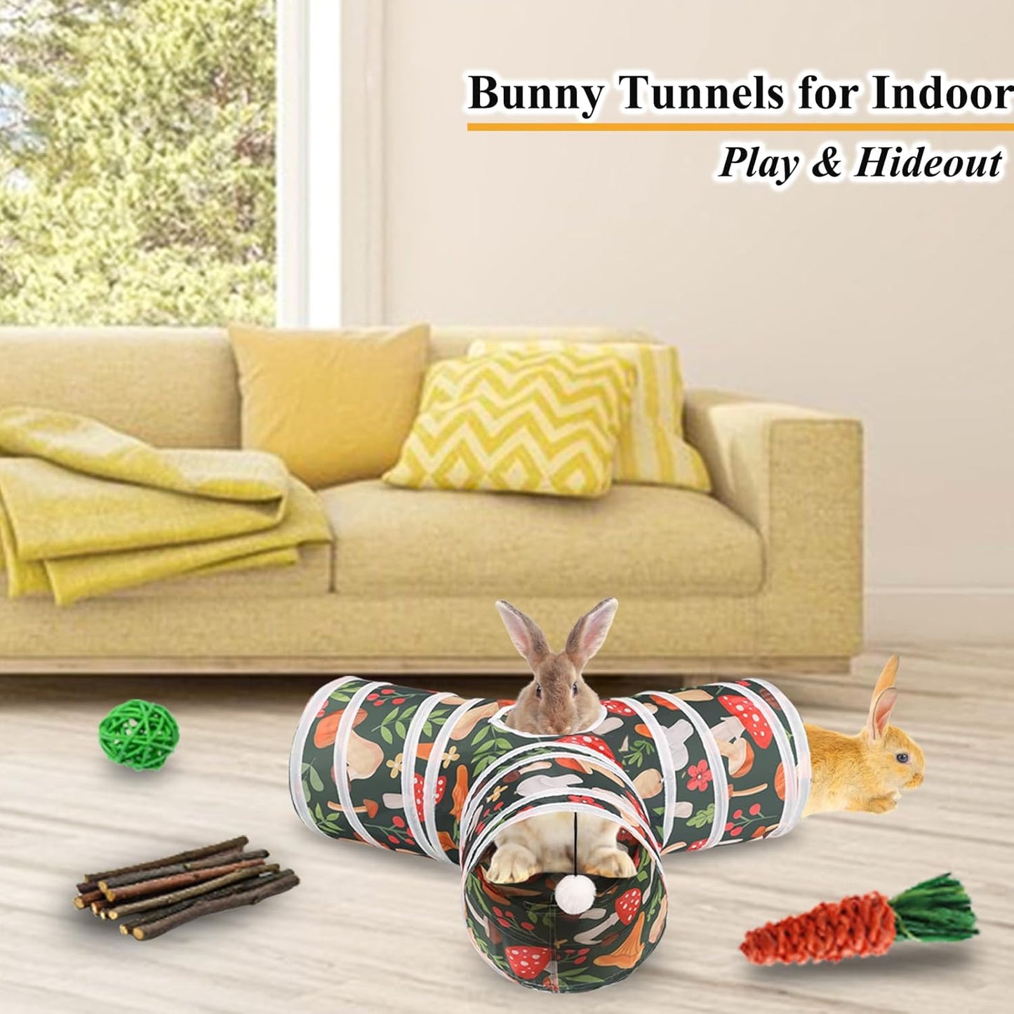 HERCOCCI Rabbit Toys, Bunny Tunnel & Tube, Collapsible 3 Way Rabbit Hideout Tunnel with Chew Toy for Bunny Guinea Pig Ferret Kitten