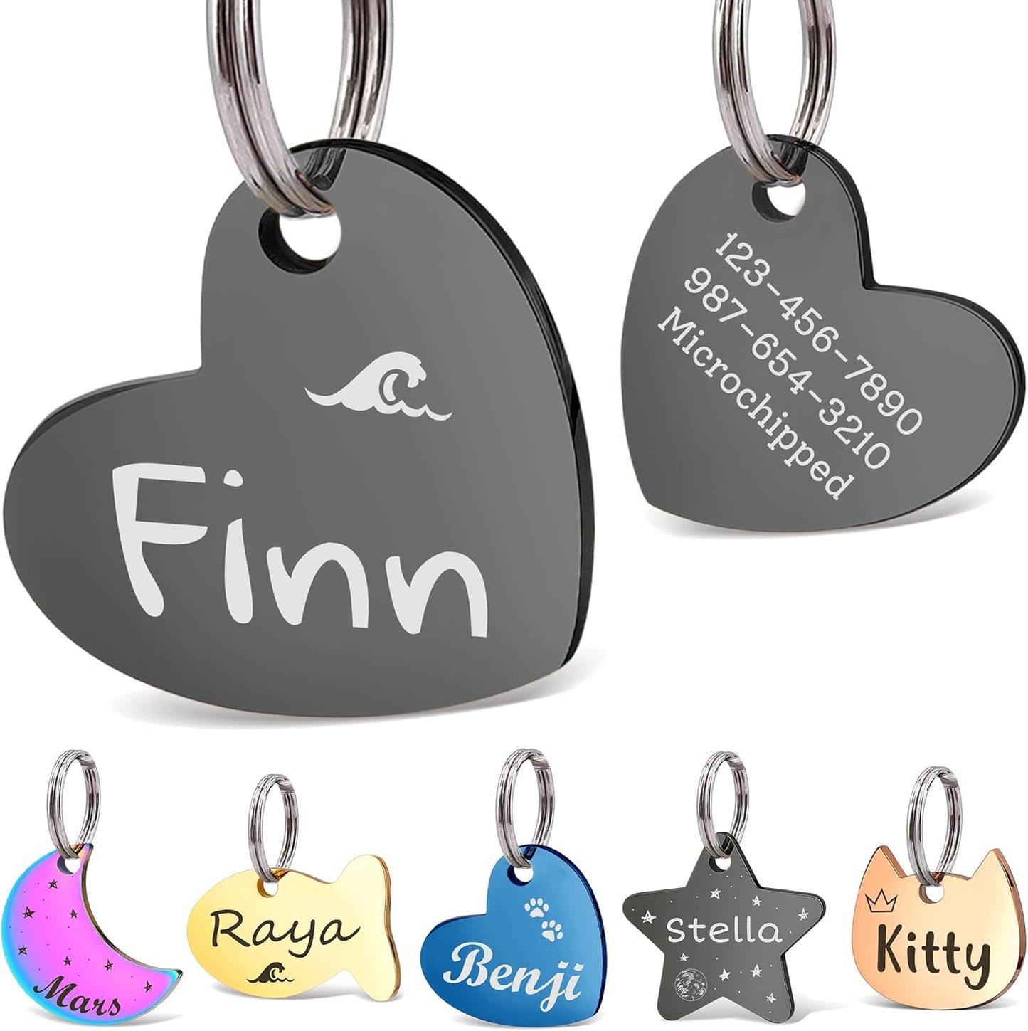 Anavia Small Size Dog Cat ID Tags, Small/XS Personalized Color Plated Stainless Steel Puppy Kitten Name Tags, Customized Engraved Nameplate Pet Collar Tag (Black, Heart)