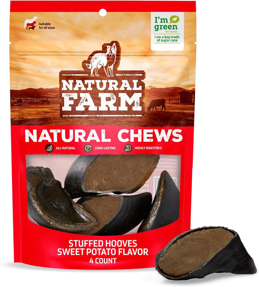 Natural Farm Sweet Potato Filled Cow Hooves for Dogs (4-Pack), Long-Lasting Natural Hoof Beef Bone Treats, Best for Small, Medium & Large Dogs