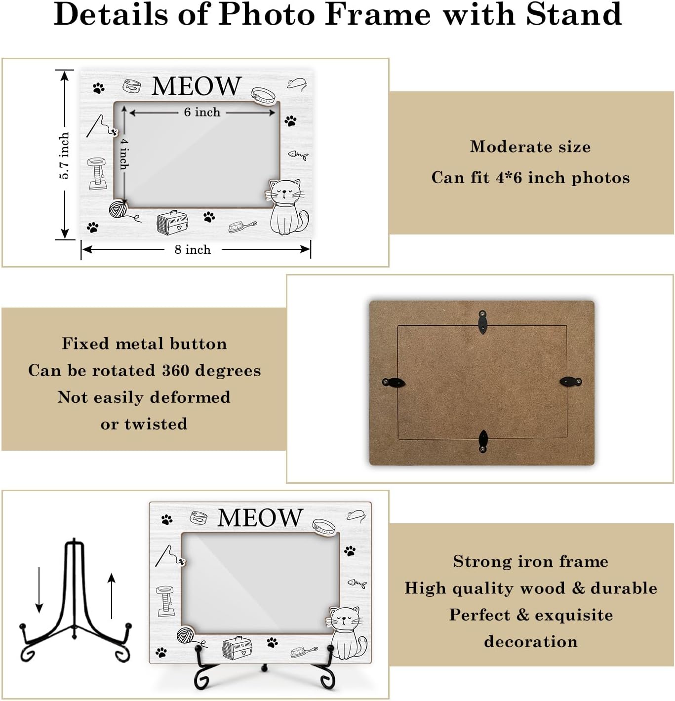 Cat Picture Frame Meow Print Design, Memorial Gifts for Pet Owner, 4x6 Photos Frame with Stand for Home Office Tabletop Display Decorations-19