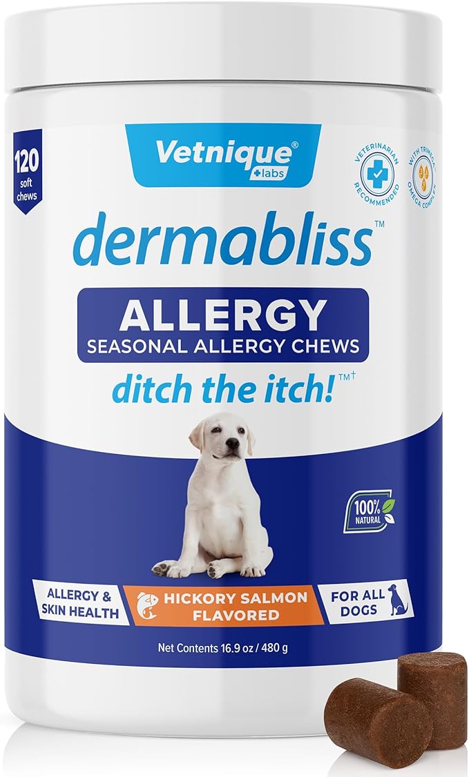 Vetnique Labs Dermabliss Dog Allergy Relief & Immune Support Supplement Allergy Chews for Dogs Itching and Licking with Omega 3 Fish Oil & Probiotics for Itch Relief - Vet Recommended (120 Ct Chews)