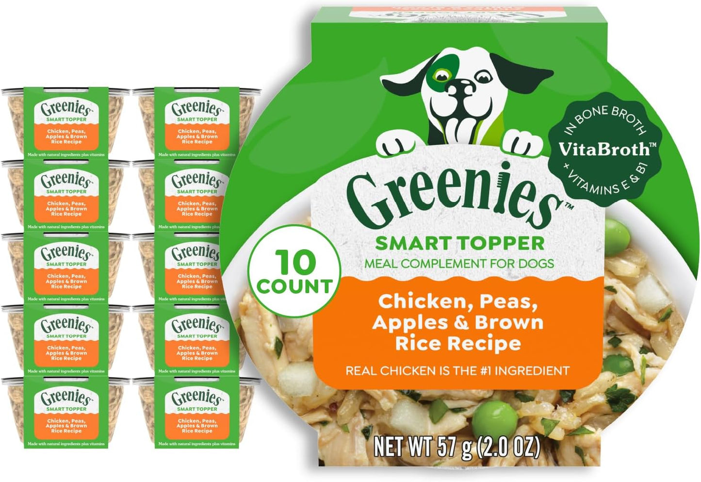 Greenies Smart Topper High Protein Wet Mix-in for Dogs, Chicken, Peas, Apples & Brown Rice Recipe in Vitabroth Broth - Bone Broth + Vitamins E & B1, 10 Count