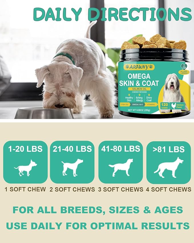 Omega 3 for Dogs - Dog Skin and Coat Supplement with EPA & DHA Fatty Acids- Fish Oil Chews with Salmon Oil & Vitamins - Itchy, Dry & Shedding Skin Relief- Chicken Flavor, 120 Chews