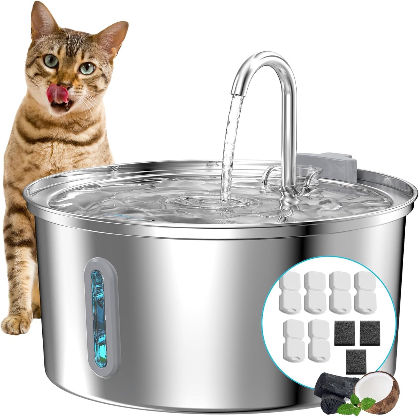 Cat Water Fountain Stainless Steel: 108oz/3.2L Cat Fountain for Drinking - Pet Water Fountain for Cats Inside - Automatic Cat Water Dispenser Bowl - Cat Feeding & Watering Supplies 6 Filters 3 Sponges