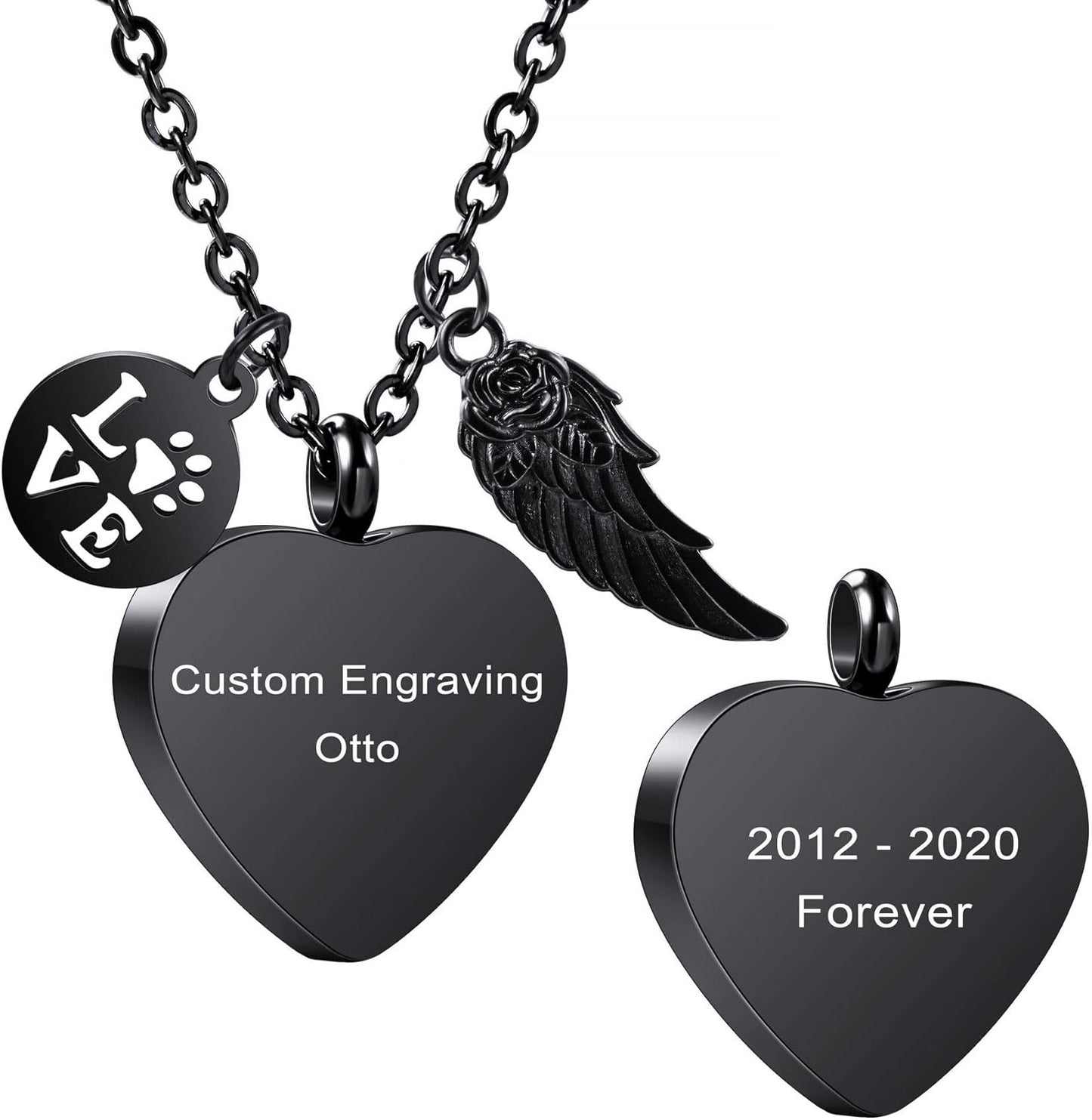 MeMeDIY Personalized Heart Paw Print Ashes Urn Pendant Necklace Custom Name/Photo/Date for Women Men Pet Lover Stainless Steel Memorial Dog Cat Pet Keepsake with Funnel Fill Kit Angel Wing