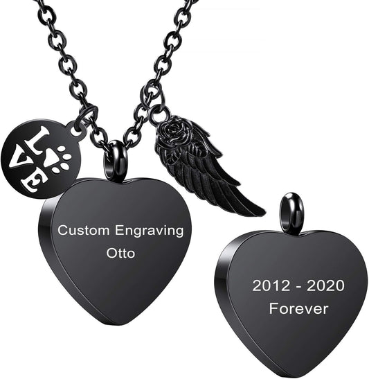 MeMeDIY Personalized Heart Paw Print Ashes Urn Pendant Necklace Custom Name/Photo/Date for Women Men Pet Lover Stainless Steel Memorial Dog Cat Pet Keepsake with Funnel Fill Kit Angel Wing