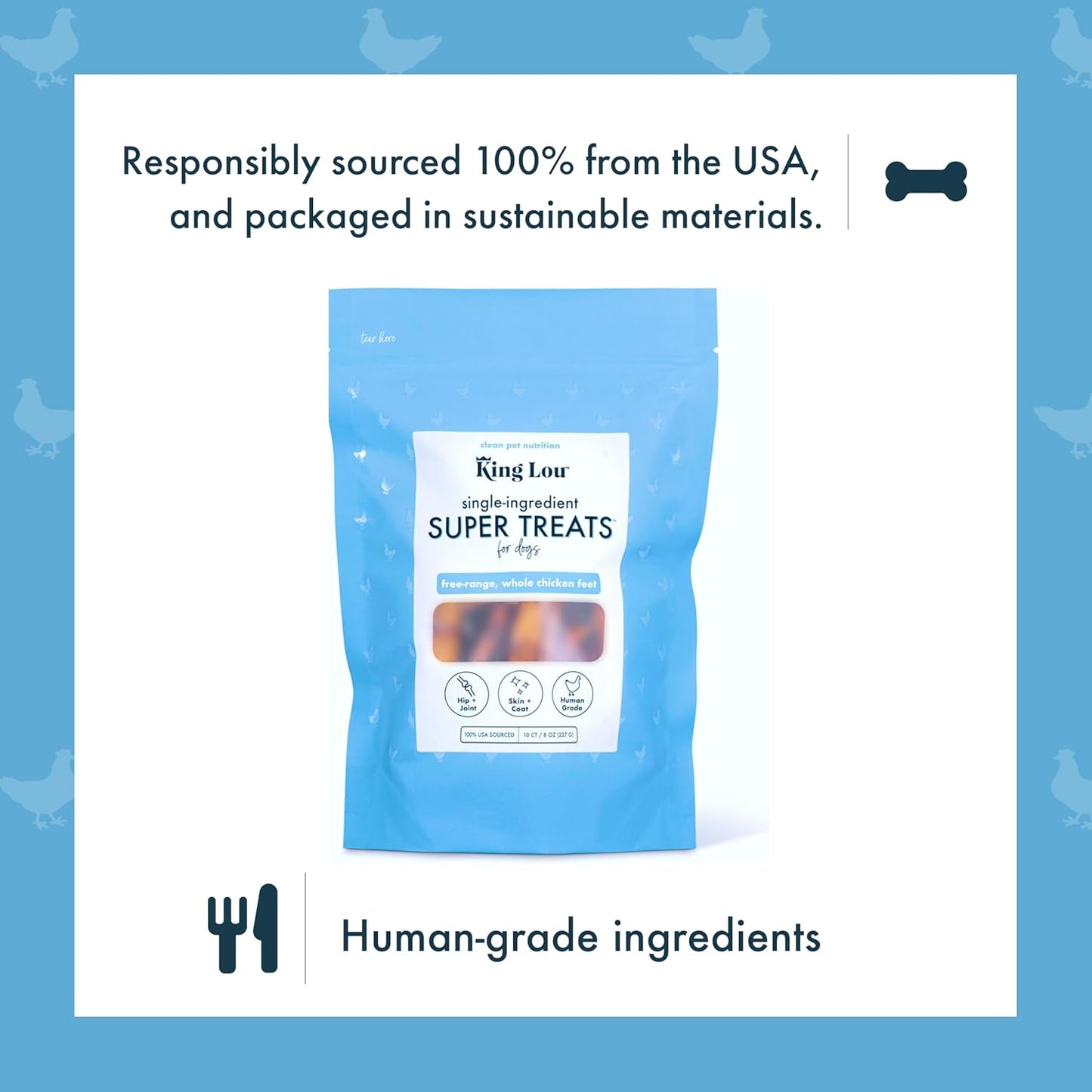 King Lou Pets - Whole Chicken Feet for Dog - Dehydrated Chicken Feet for Dog Treats - USA-Made Dental Treats for Dogs - Collagen, Glucosamine, Chondroitin for Hip and Joints - 10 Count