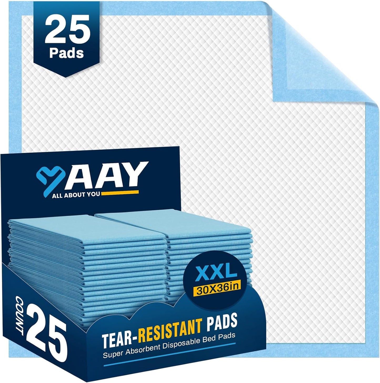 AAY Disposable Bed Pads 30"X36" (25pcs) Tear-Resistant Cloth Backing Underpads Super Absorbent Pee Pads Extra Large Premium Chucks for Adults Incontinence Pads Waterproof for Elderly, Kids or Puppy