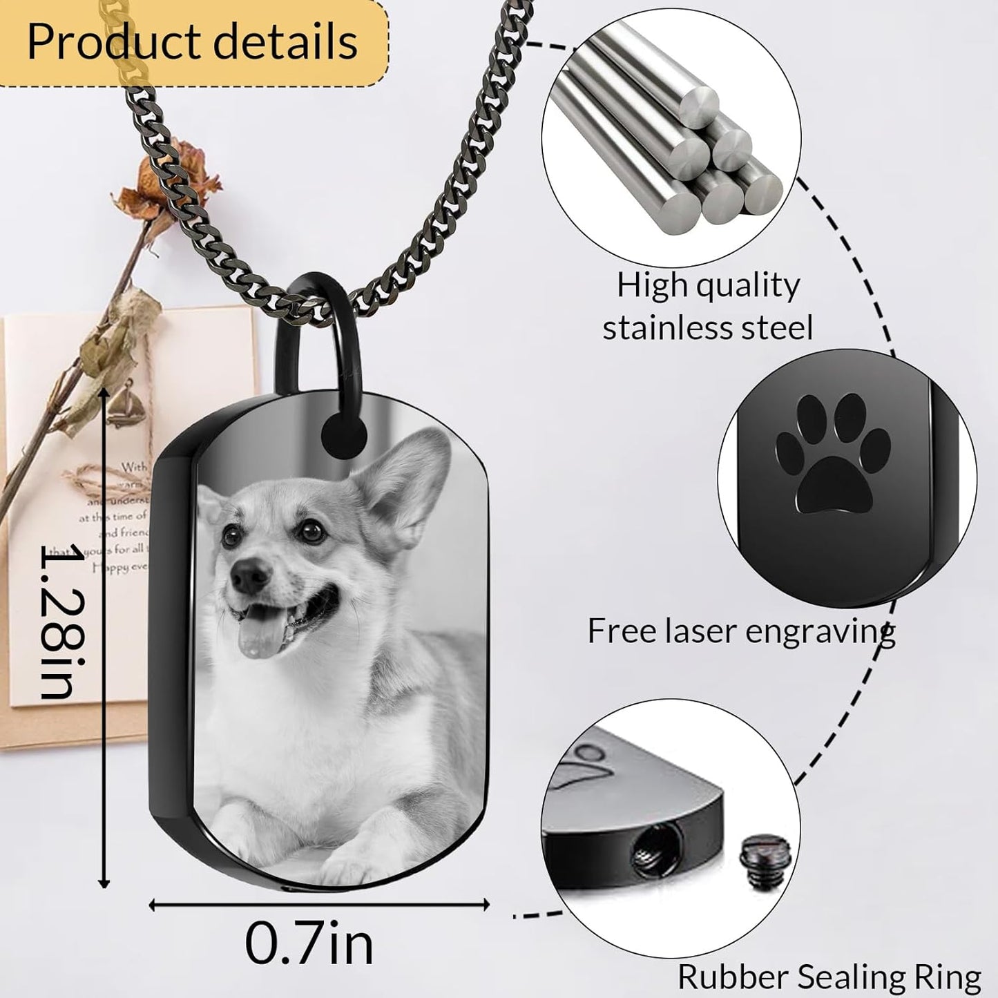 Personalized Pet Urn Necklace for Dog Ashes Custom Engraving Photo Text Pet Cremation Jewelry Customize Memorial Gift for Pet Dog Cat Ashes Necklace (03-Black)