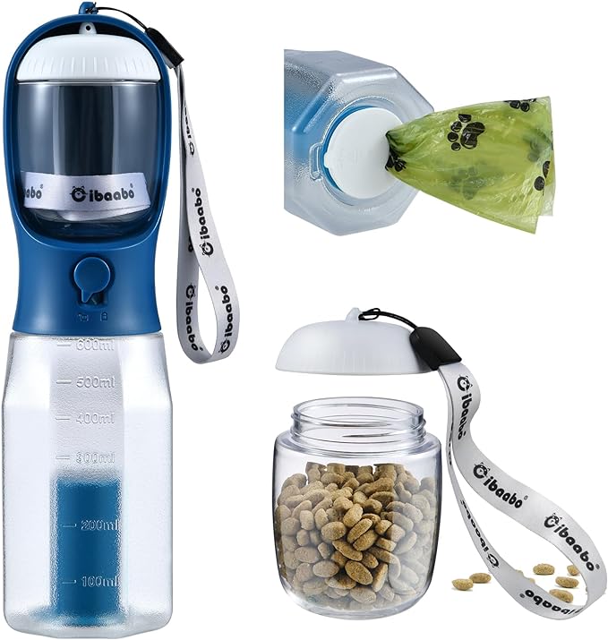 Dog Water Bottle with Food Container & Poop Bag Holder, Travel Water Bowl, Portable Pet Dispenser, Dog Stuff Accessories Items, Puppy Essentials Necessities for Walking Hiking Dog Gift