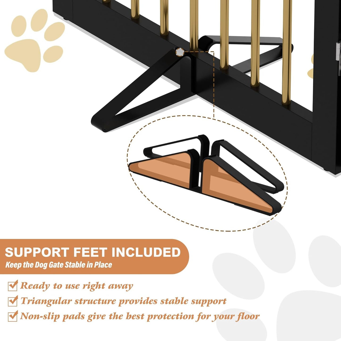 Freestanding Pet Gate for Dogs, Indoor Wooden Dog Gate for House, Extra Wide Foldable Dog Gate for Stair, Doorway, Hall, Support Feet Included, 120 Inch Wide, 6 Panels 32",Black&Gold
