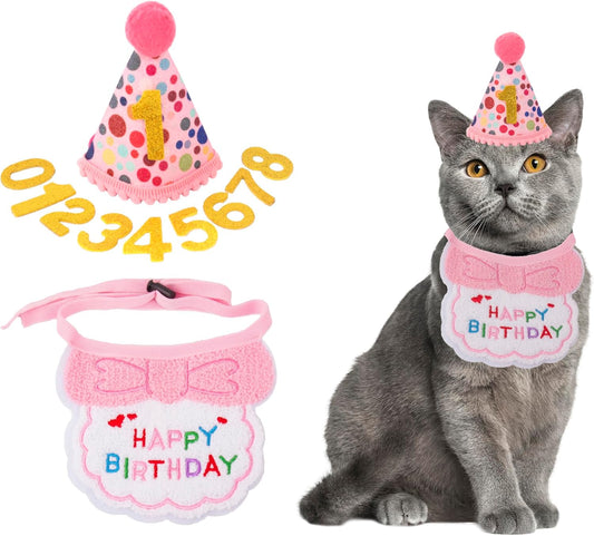 ADOGGYGO Cat Birthday Party Supplies, Pink Girl Cat Kitten Birthday Bandana Hat Numbers Pet Birthday Decorations Outfits