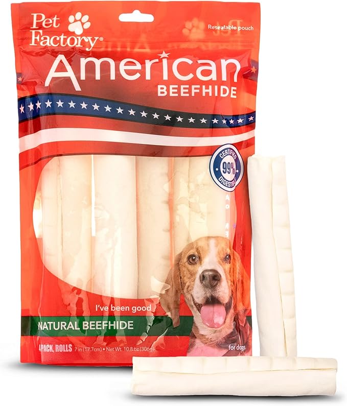 Pet Factory American Beefhide 7" Rolls Dog Chew Treats - Natural Flavor, 4 Count/1 Pack