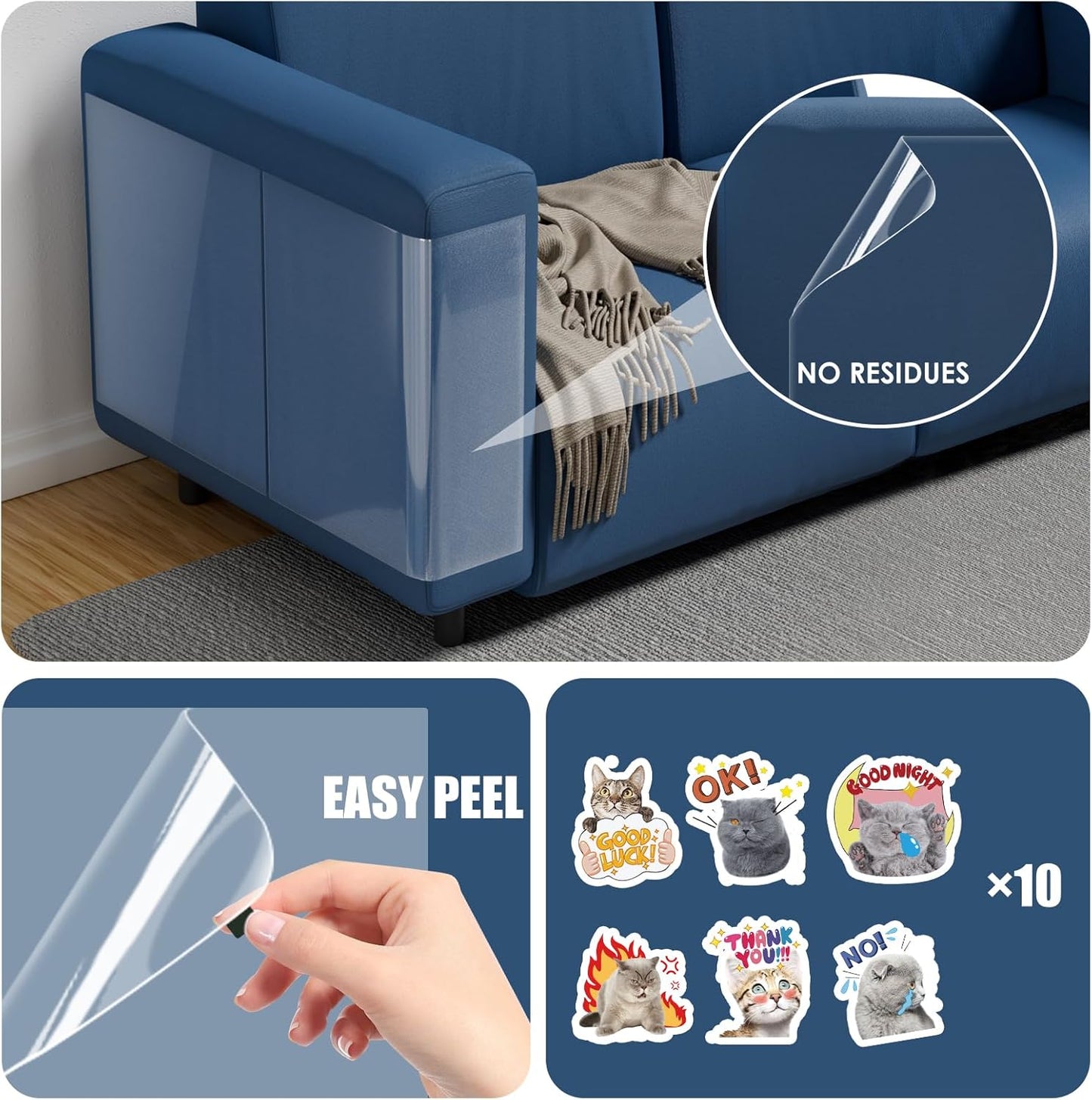 NO PINS Pain Cat Scratch Furniture Protector-12 Pack Thicken Self-Adhesive Single Side Couch Protector from Cat Claws,Furniture Protectors from Cats Scratching,Anti Scratch Deterren Protectors (12PC)