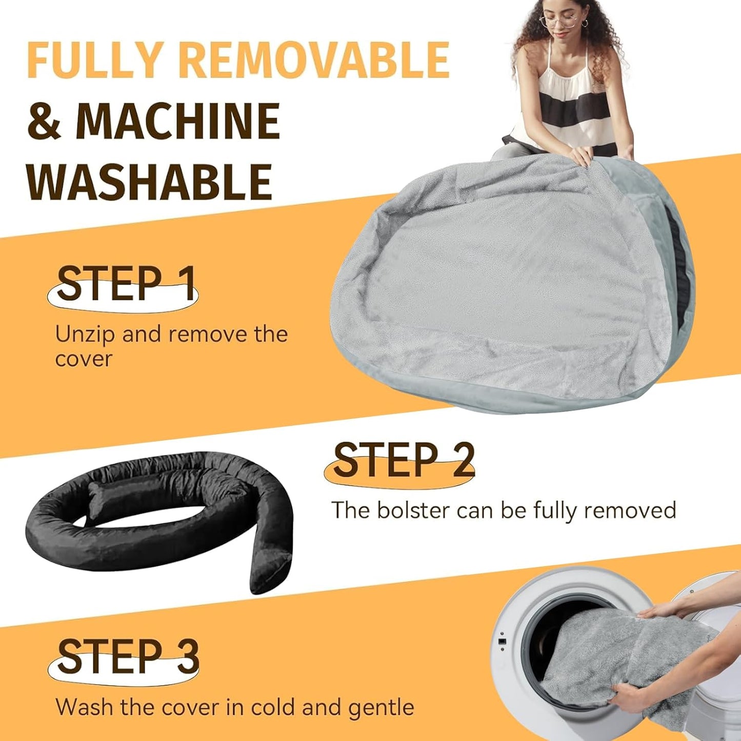 Orthopedic Waterproof Large Dog Bed: Memory Foam Washable Dog Bed with Bolsters - Removable Orthopedic Cover for Medium L XL Large Sized Pet - Non-Slip Bottom - Silver