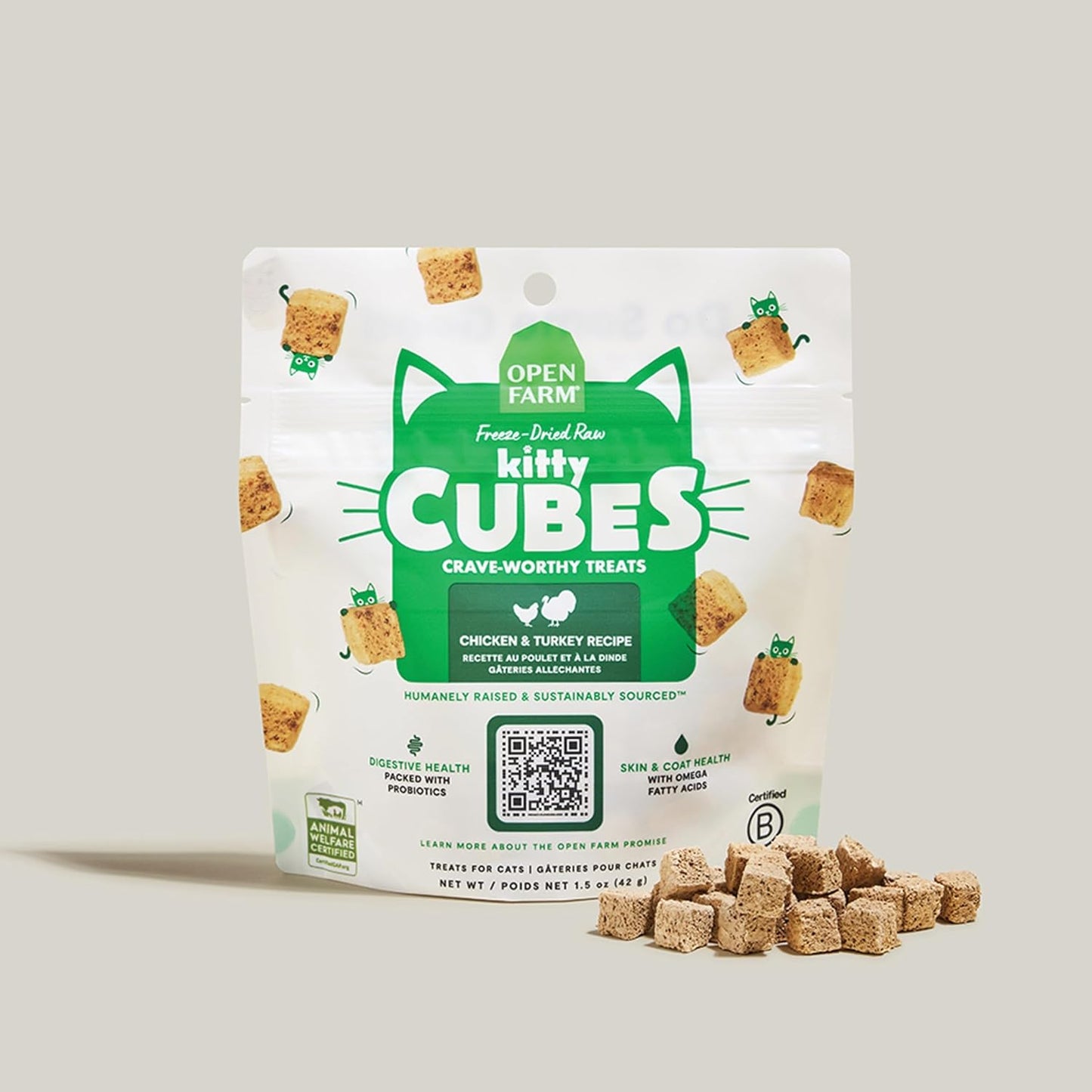 Open Farm, Kitty Cubes, Freeze Dried Raw Cat Treats, Grain-Free, High-Protein Cat Treat with Probiotics, Omega Fatty Acids & Superfoods, Chicken & Turkey Recipe, 1.5oz Bag