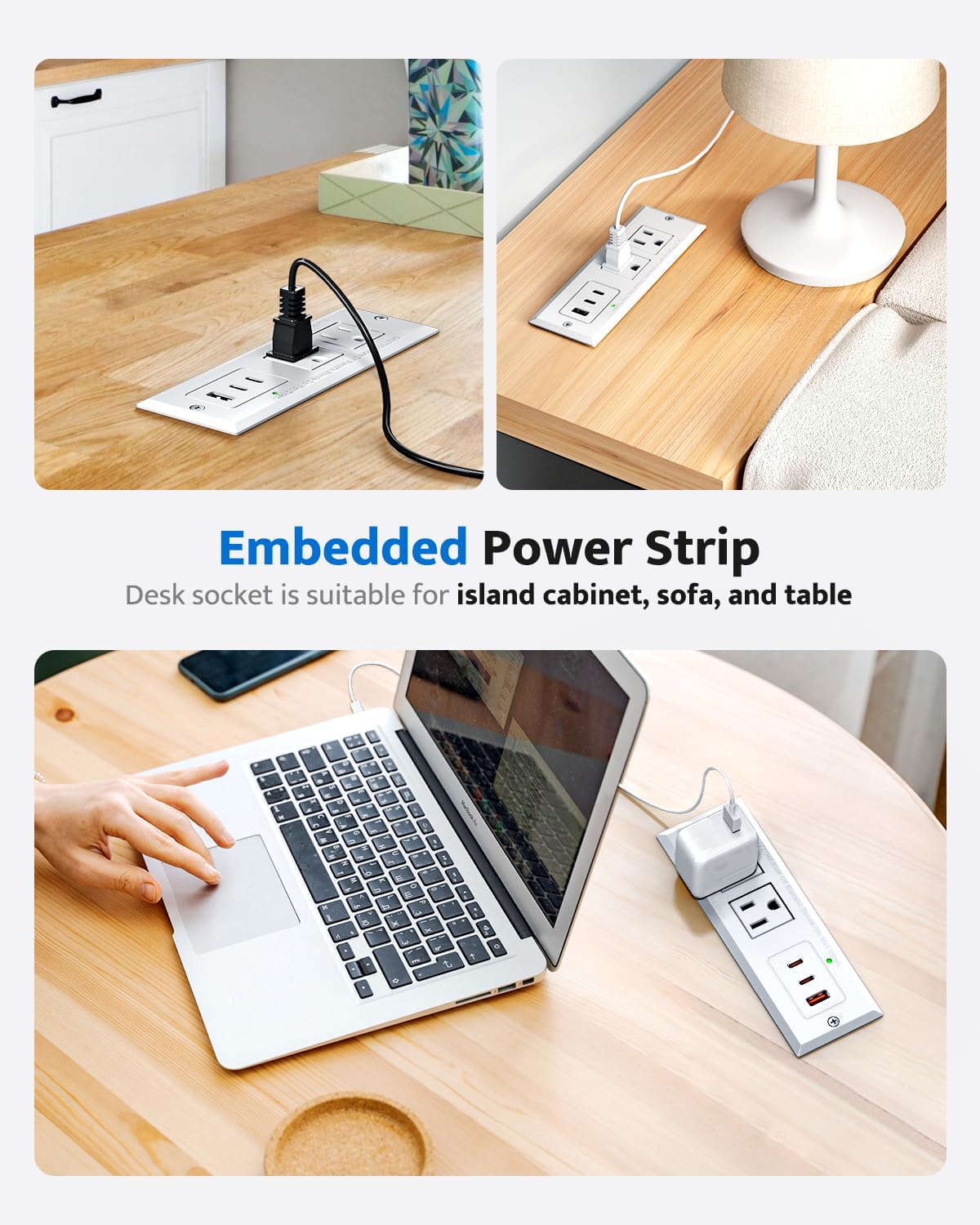 Recessed Power Strip with 20W USB C Port, Fast Charging USB A Port Conference Recessed Outlet, Space-Saver for Furniture Side Table, End Table, Desk Outlet with 6ft Cord, 45° Thin Flat Plug, White