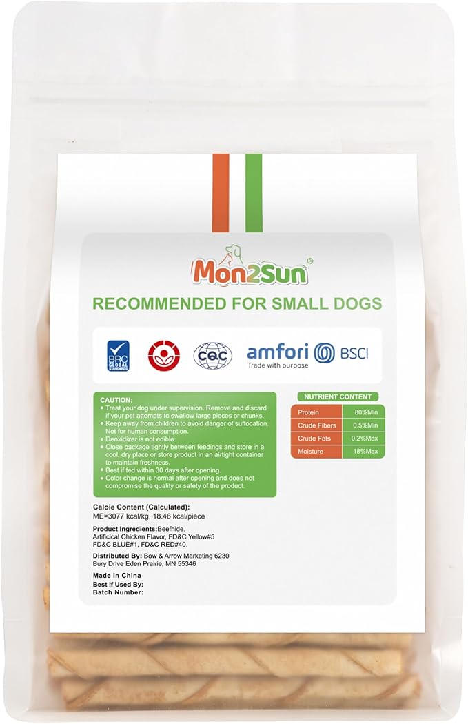 MON2SUN Dog Rawhide Twist Sticks Chicken Flavor 5 Inch Thin Sticks Rawhide Chews Treats for Puppy and Small Dogs 120 Count