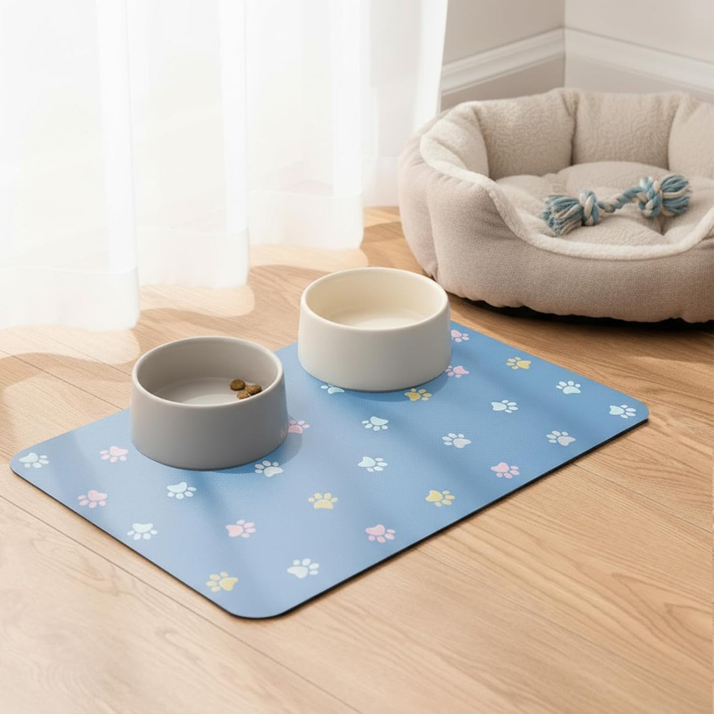 Cat Food Mat Absorbent Dog Mat for Food and Water Non Slip Quick Dry Dog Bowl Mats for Floors 19" X 12" Paw Lake Blue