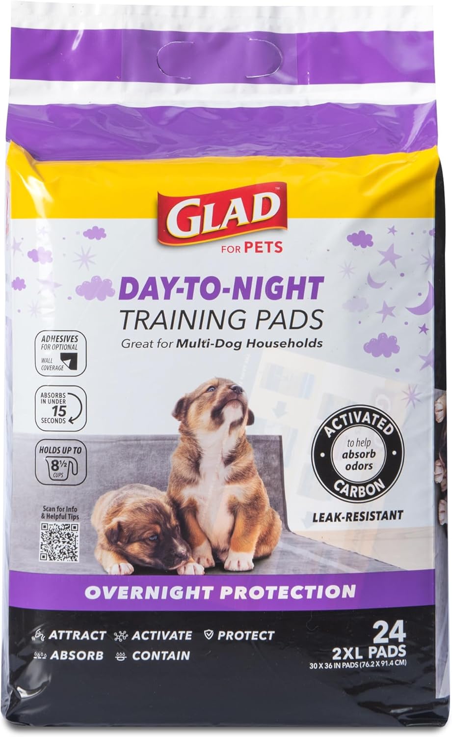 Glad for Pets Day to Night Activated Carbon Puppy Training Pads for Dogs with Wall Protection and Adhesive - Super Absorbent and Leak Proof Disposable Dog Training Pads, 30" x 36", 24 Count
