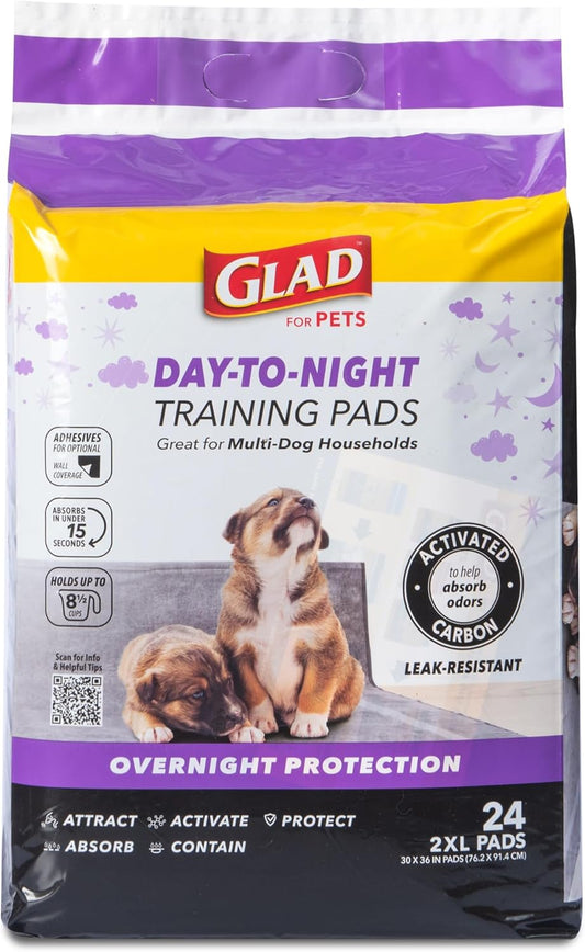 Glad for Pets Day to Night Activated Carbon Puppy Training Pads for Dogs with Wall Protection and Adhesive - Super Absorbent and Leak Proof Disposable Dog Training Pads, 30" x 36", 24 Count
