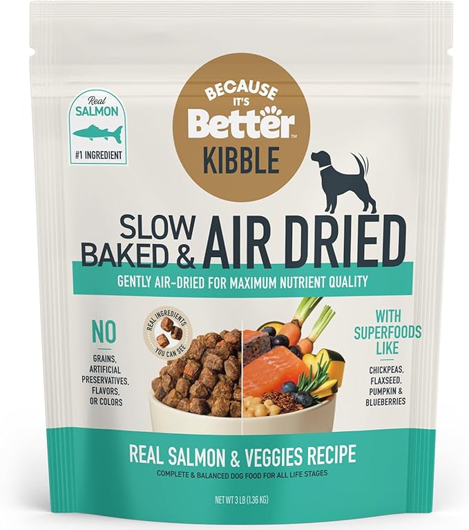 Because it's Better Slow Baked and Air Dried Dog Food, Real Salmon and Veggies, 3lb Bag, Complete and Balanced Dry Dog Food, for All Life Stages