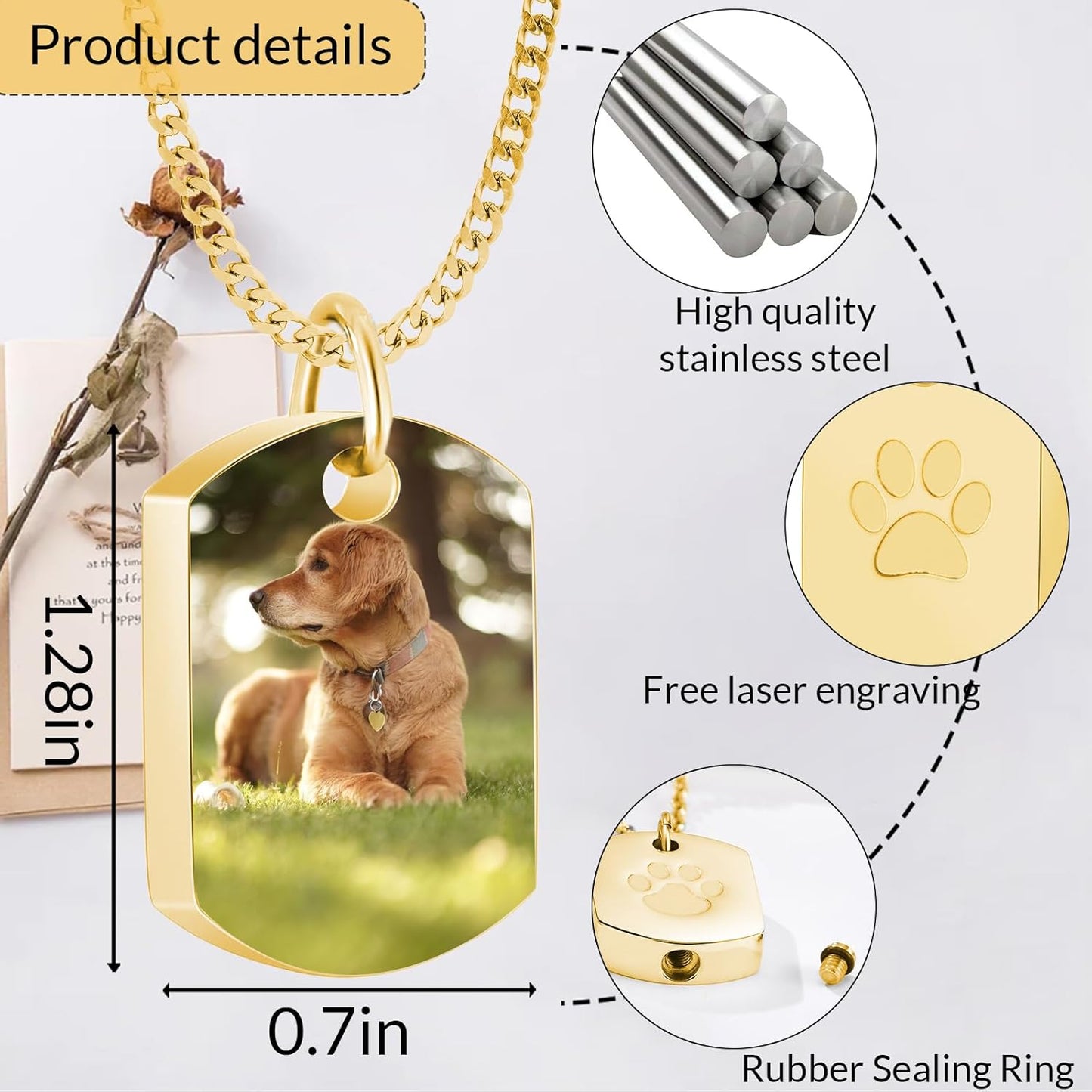Personalized Pet Urn Necklace for Dog Ashes Custom Engraving Photo Text Pet Cremation Jewelry Customize Memorial Gift for Pet Dog Cat Ashes Necklace (05-Gold)
