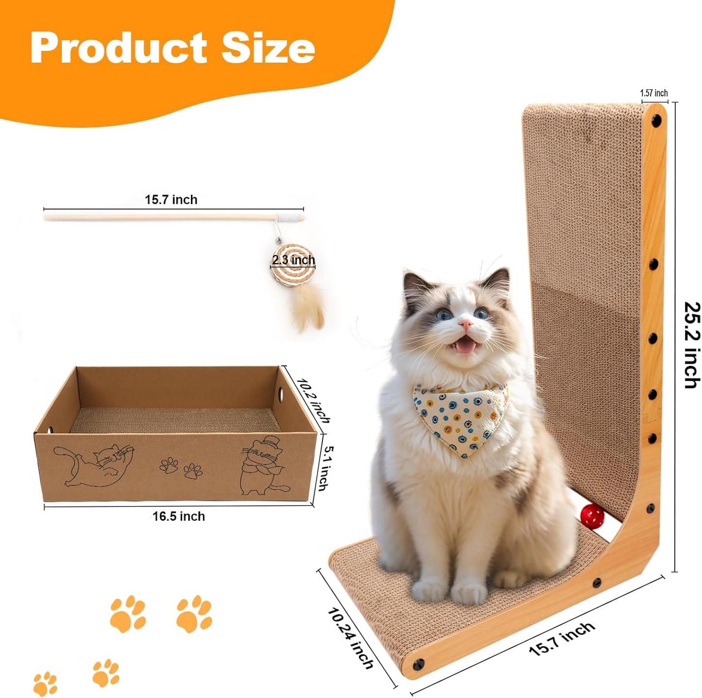 L-Shaped Cat Scratcher 2-in1 Scratching Board for Indoor Cats Protecting Furniture Cardboard Box Scratch Pad with Ball Toy Cats Scratching Posts with Cat Teaser