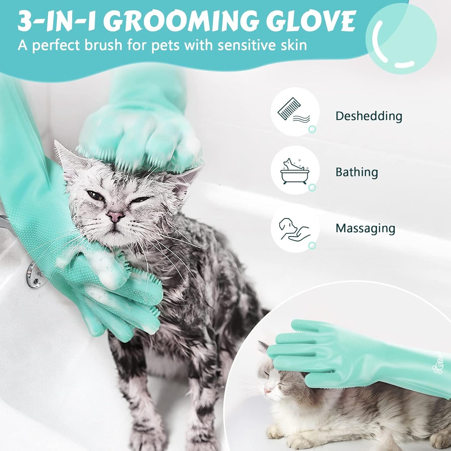 Pecute Large Pet Grooming Gloves with Heat-Resistant, High-Density Silicone Teeth for Washing, Massaging, and Enhanced Five Finger Design