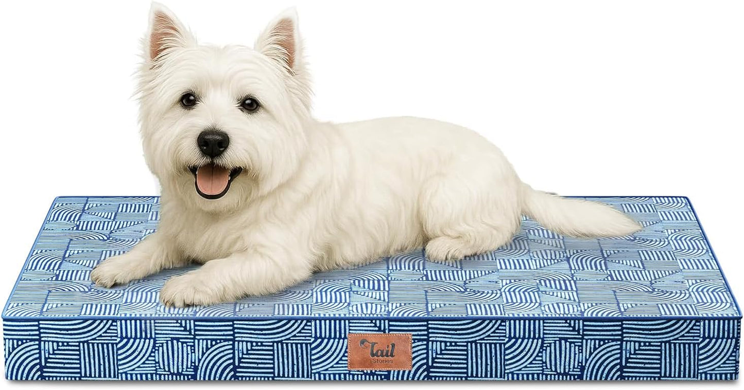 Outdoor Dog Bed for Small Dogs, Waterproof Dog Crate Bed for Puppy Dogs, Orthopedic Egg Crate Foam Pet Mat with Washable Removable Oxford Cover, White Blue