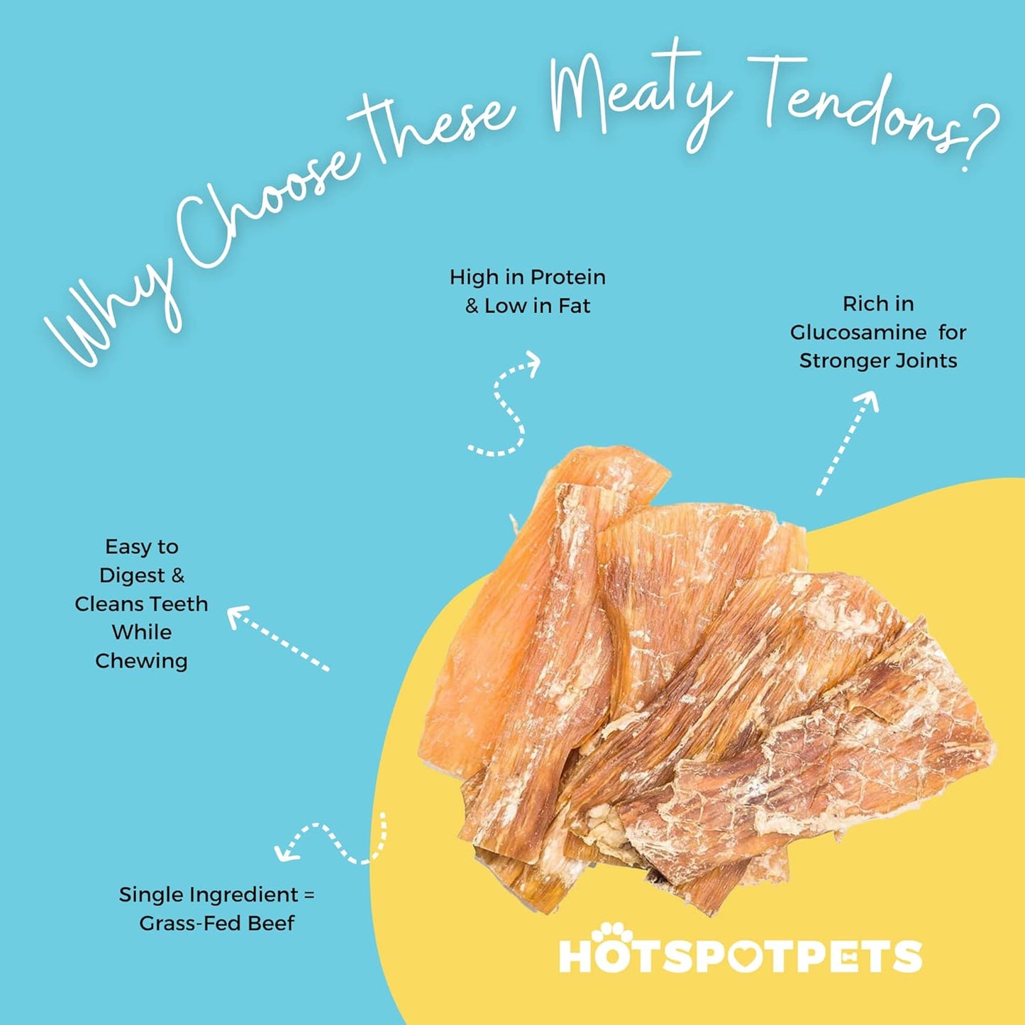 hotspot pets Beef Tendons for Dogs 6-8'' - All Natural Grass Fed Premium Beef Dog Chews - Rawhide-Free Back Strap Flat Tendons Dog Treats - Promotes Healthy Joints & Oral Care (20 Pack)