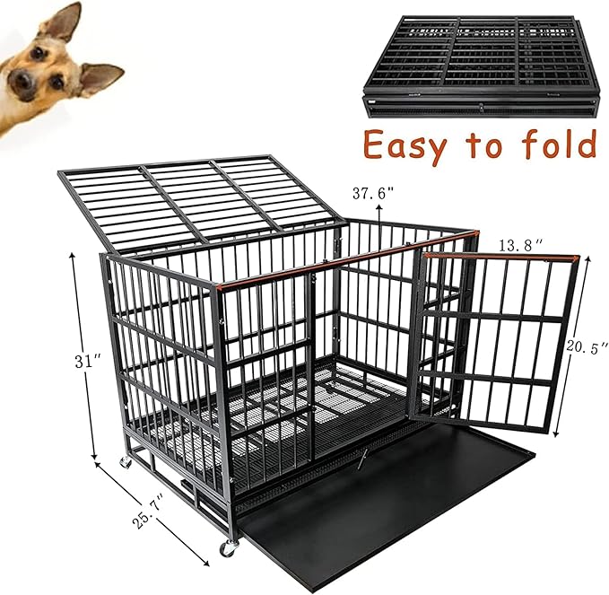 Oranland 48/38 Inch Heavy Duty Indestructible Dog Crate Cage Kennel with Wheels, High Anxiety Dog Kennel, Sturdy Locks, Double Door and Removable Tray Design, Extra Large XL Dog Crate.