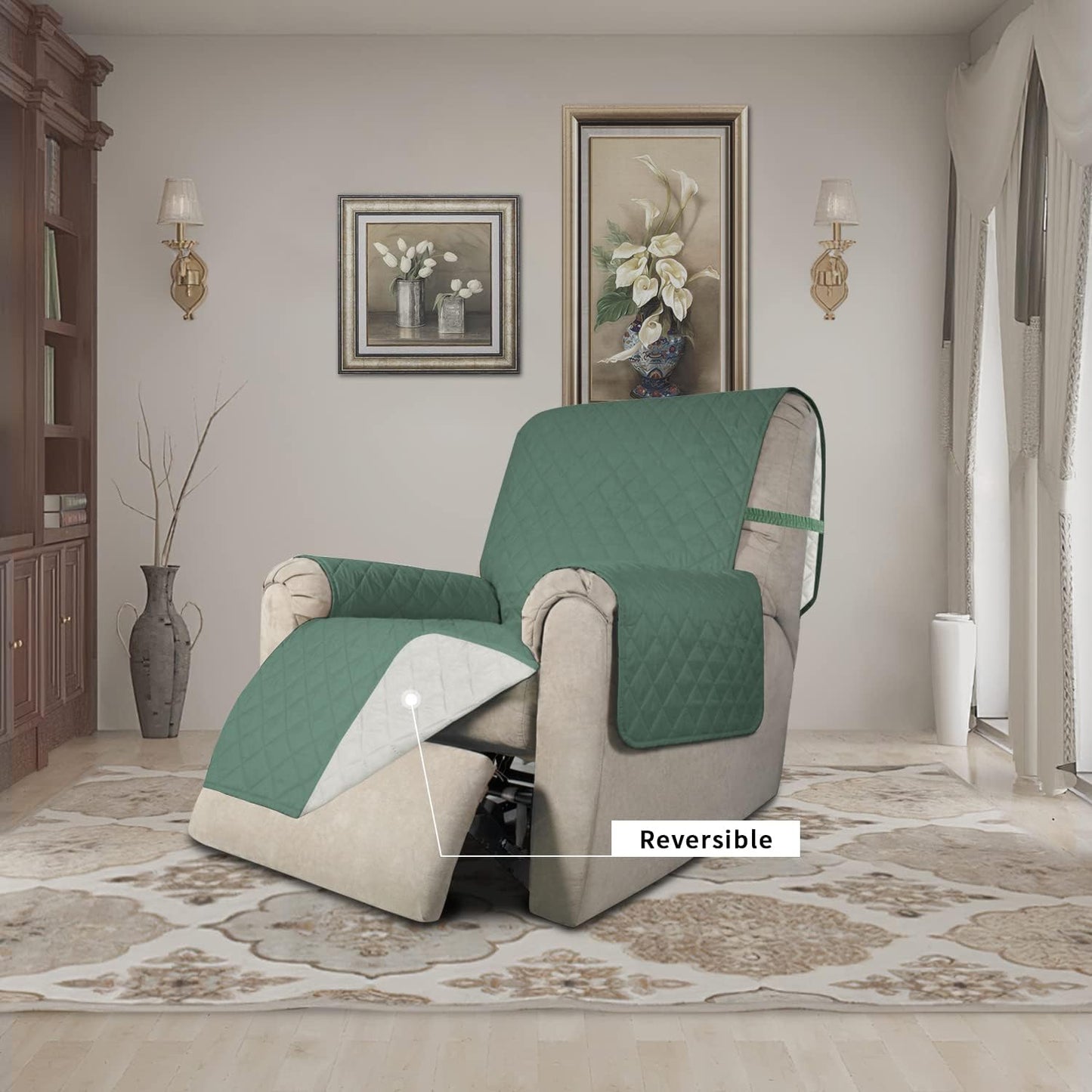 Easy-Going Recliner Chair Slipcover Reversible Sofa Cover Water Resistant Couch Cover Furniture Protector with Elastic Straps for Pets Dog (Recliner 22 inch, Cyan/Ivory)