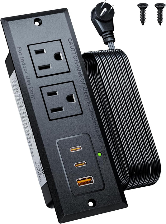 Recessed Power Strip with 20W USB C Port, Fast Charging USB A Port Conference Recessed Outlet, Space-Saver for Furniture Side Table, End Table, Desk Outlet with 6ft Cord, 45° Thin Flat Plug, Black
