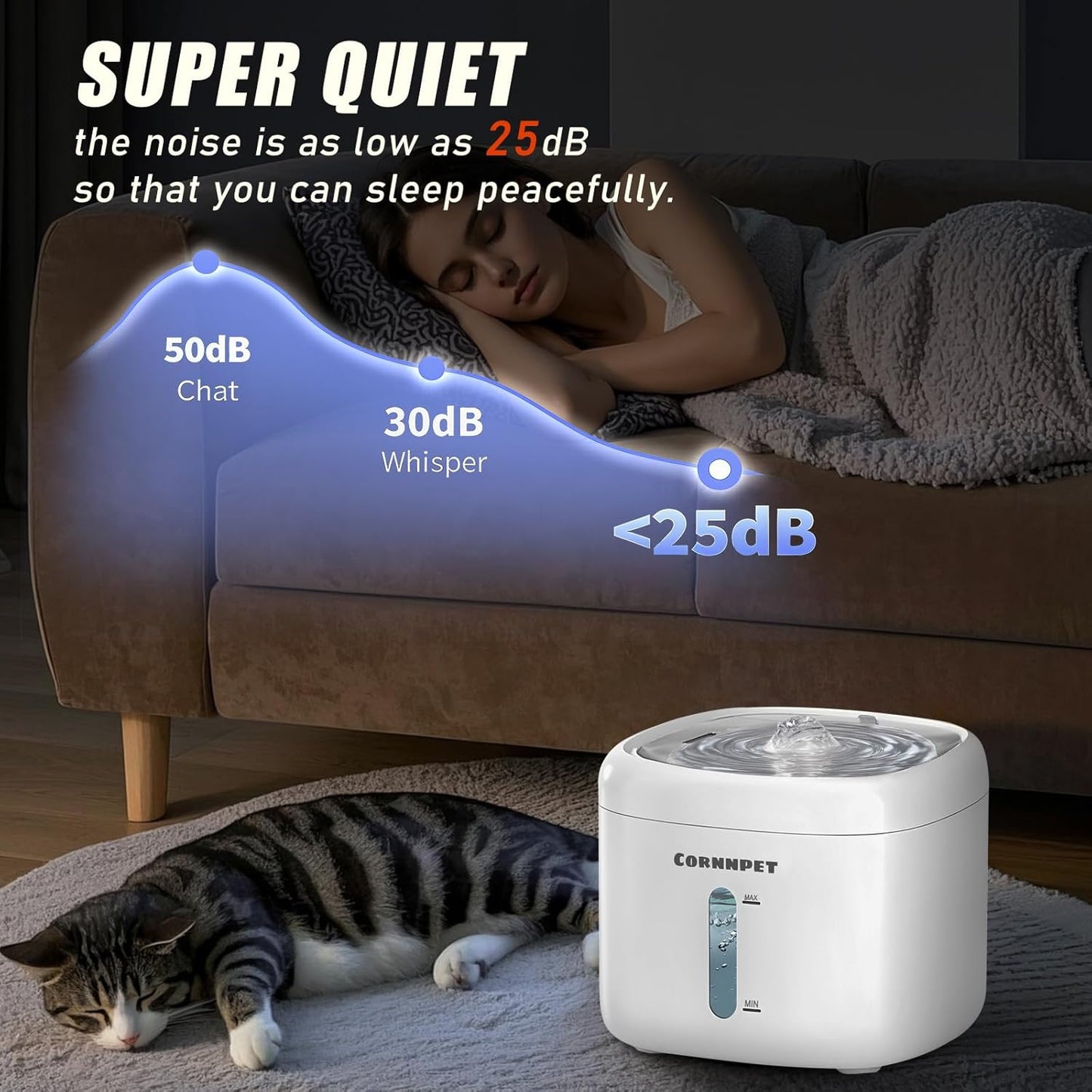 Stainless Steel Lid Cat Water Fountain 74Oz/2.2L for Drinking - Pet Fountain for Small Animal - Dogs Waterer Bowls Indoor