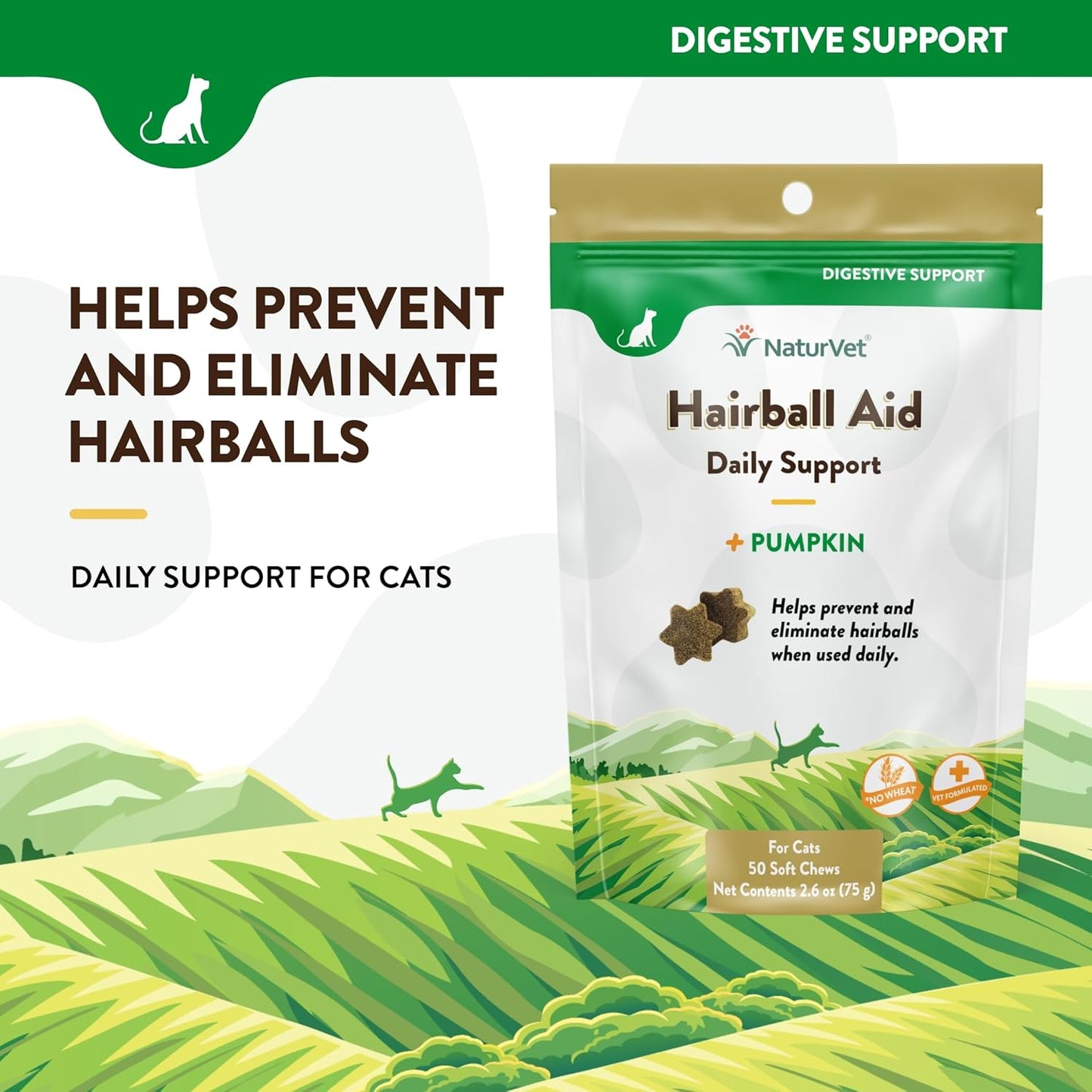 NaturVet Hairball Remedy Vitamin & Digestive Aid Supplement for Cats – Pet Health Supplement for Cat Hairballs, Digestive System Support – Includes Pumpkin, Vitamins – 50 Ct.