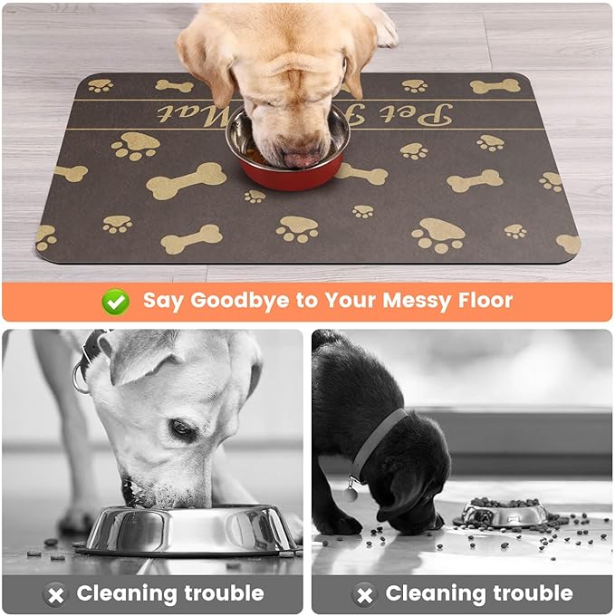Pet Feeding Mat-Absorbent Pet Placemat for Food and Water Bowl, with Waterproof Rubber Backing, Quick Dry Water Dispenser Mat for Dog and Cat (12"x20", Brown)