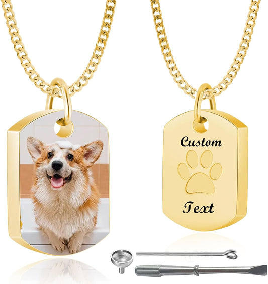 Personalized Pet Urn Necklace for Dog Ashes Custom Engraving Photo Text Pet Cremation Jewelry Customize Memorial Gift for Pet Dog Cat Ashes Necklace (05-Gold)
