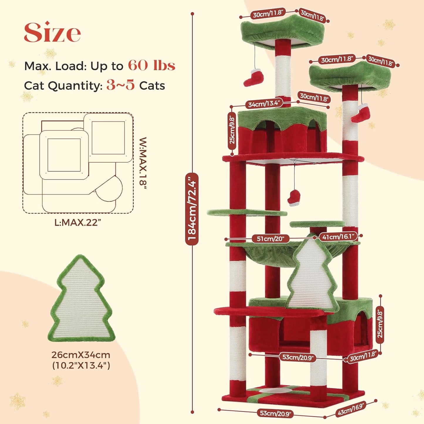 PAWZ Road Christmas Cat Tree, 72 Inches Tall Cat Tower with 2 Perches, 2 Condos and Spacious Hammock, Attractive Cat House with Xmas Tree Scratcher, 7 Scratching Posts for Large Cats